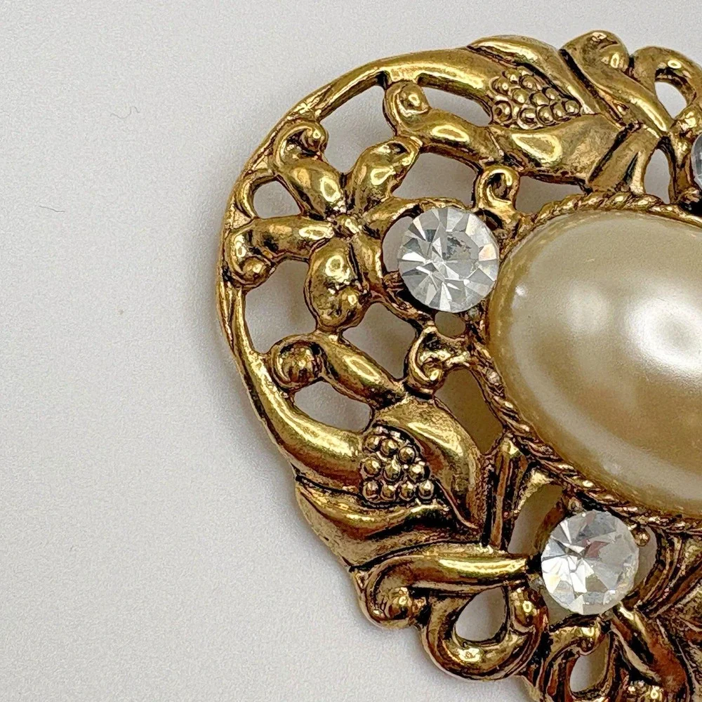 Vintage Victorian Revival Brooch Faux Pearl Scrollwork Floral Gold Tone